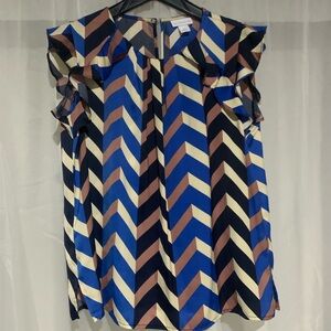 Liz Claiborne Blue, Cream & Brown Chevron Ruffle Top